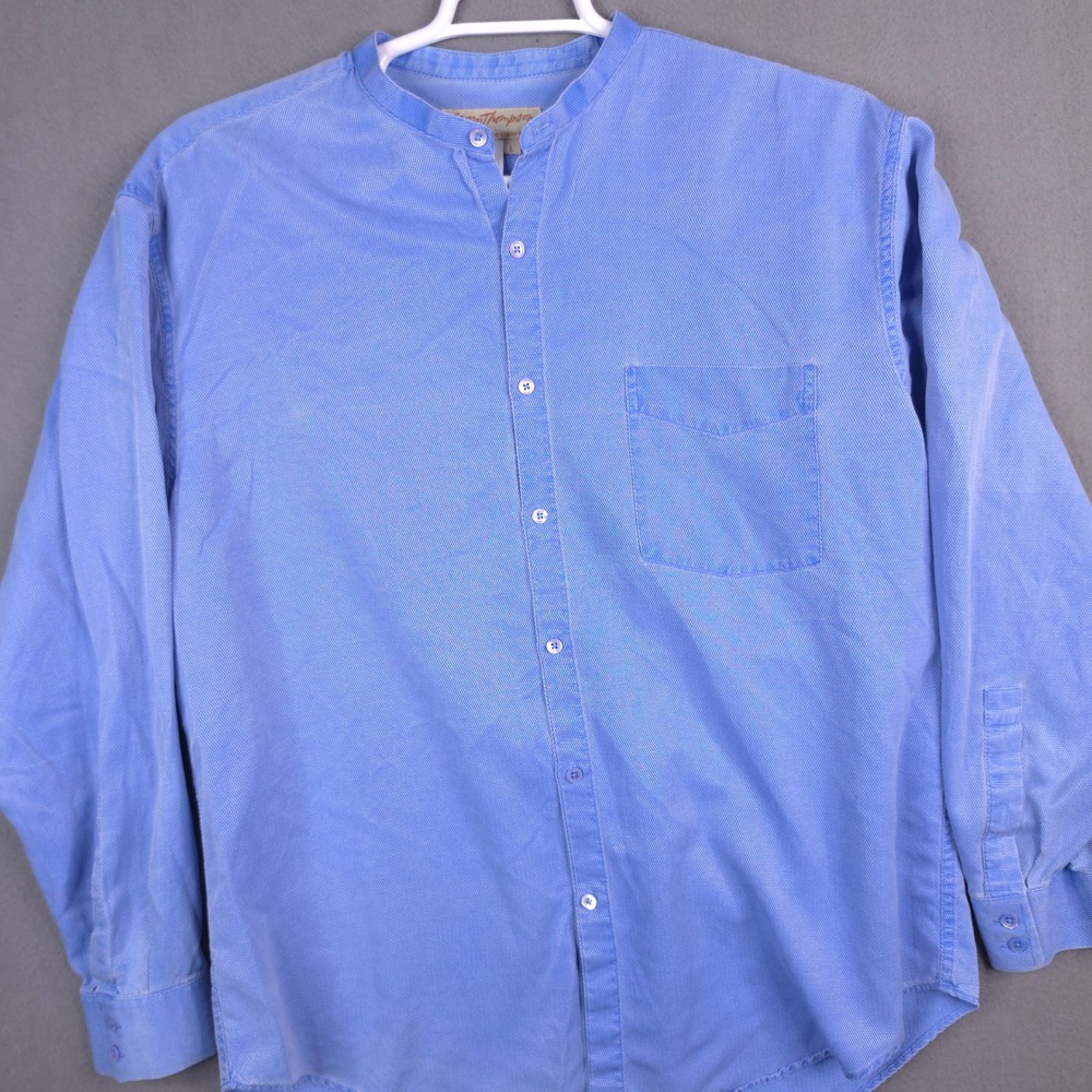 Norm Thompson Shirt Band Collar Blue Large Silk Long Sleeve Casual
